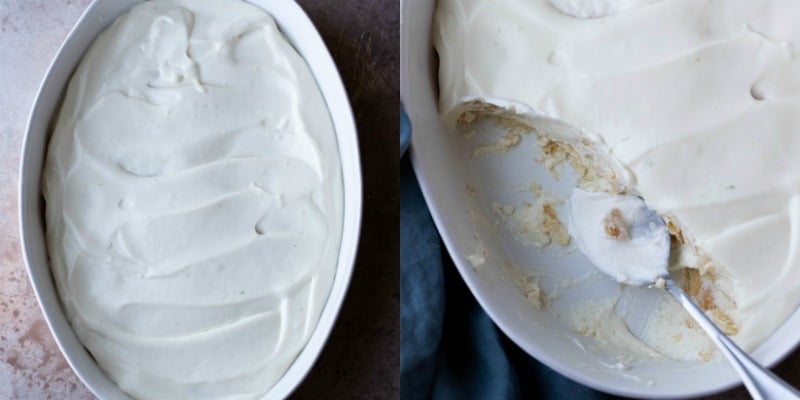 No Bake Key Lime Pie in a white ceramic baking dish