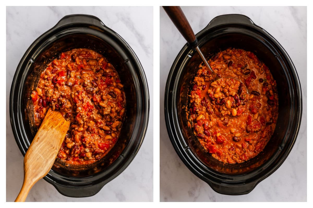 Frito chili pie chili in a slow cooker next to a ladle holding a scoop of the chili. 