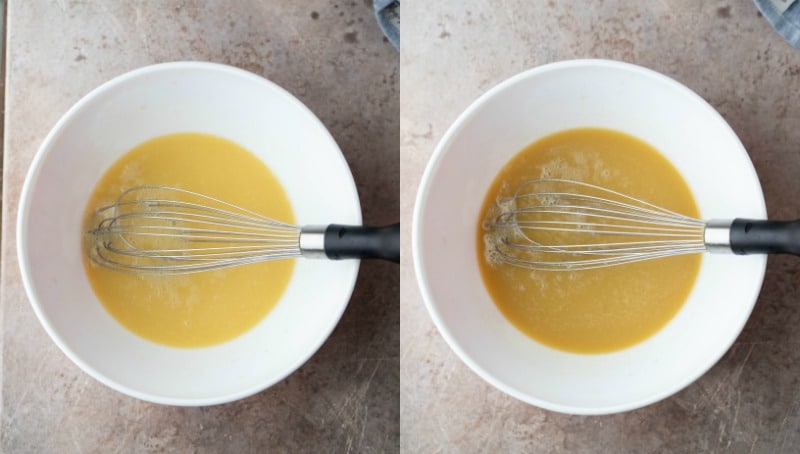 Ingredients for apple cider donut muffins in a white mixing bowl