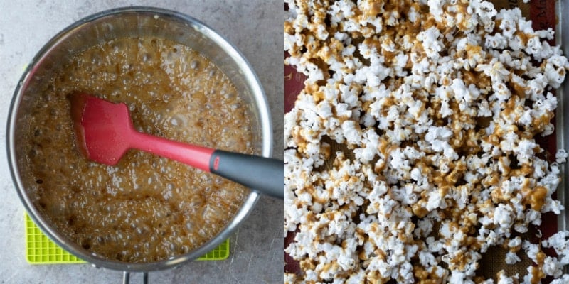 caramel corn on a baking sheet