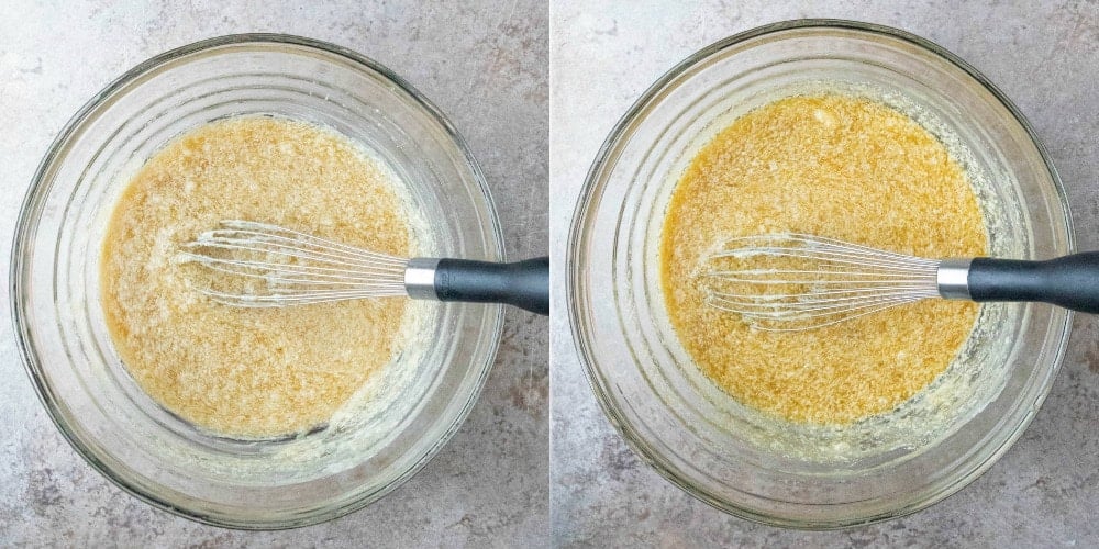 Mashed banana butter and sugar in a glass mixing bowl