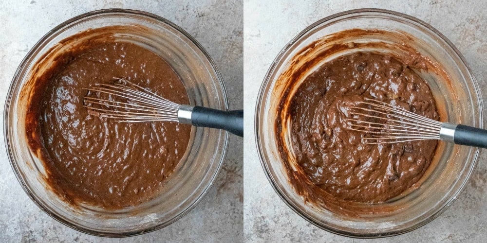 Chocolate banana bread batter in a glass mixing bowl