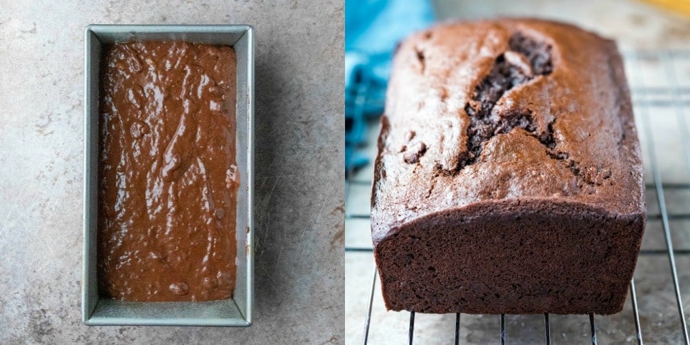 Chocolate banana bread batter in a loaf pan