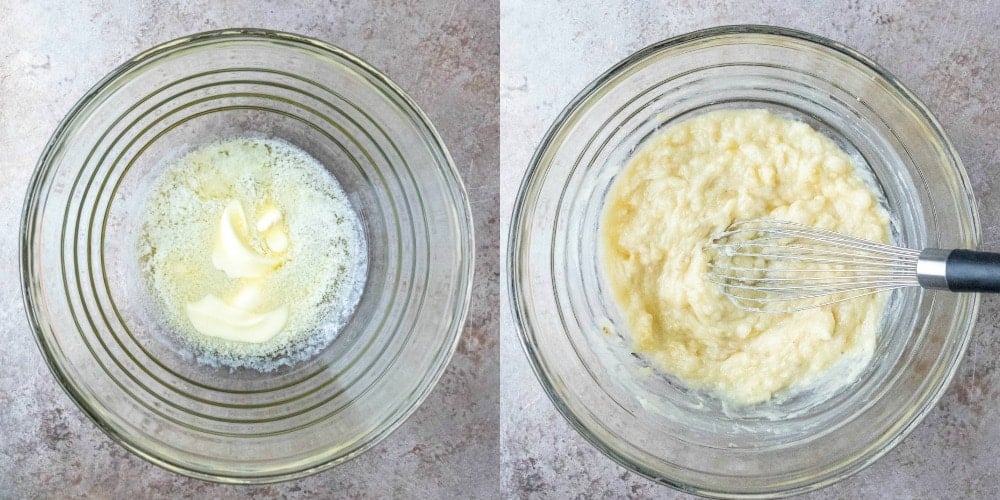 Melted butter and mashed banana in a glass mixing bowl