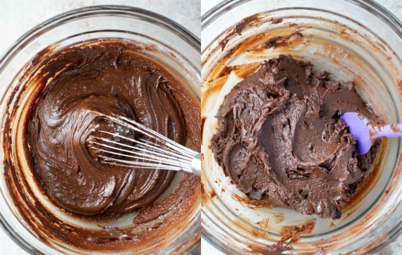 Chocolate fudge cookie dough in a glass mixing bowl
