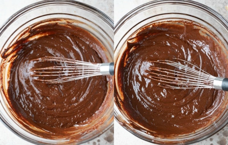Chocolate cookie batter in a glass mixing bowl