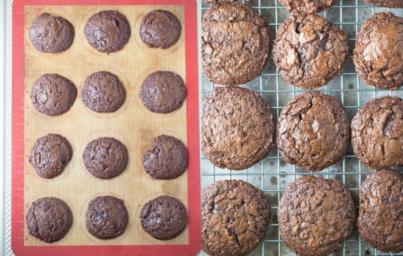 Chocolate fudge cookies on a silicone baking mat