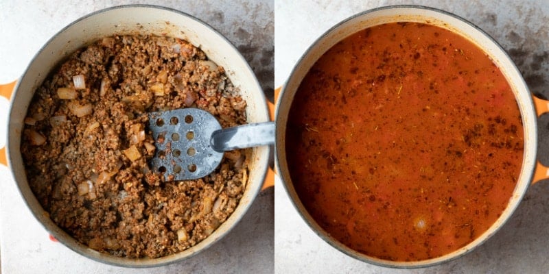 Tomato paste in cooked Italian sausage in a Dutch oven