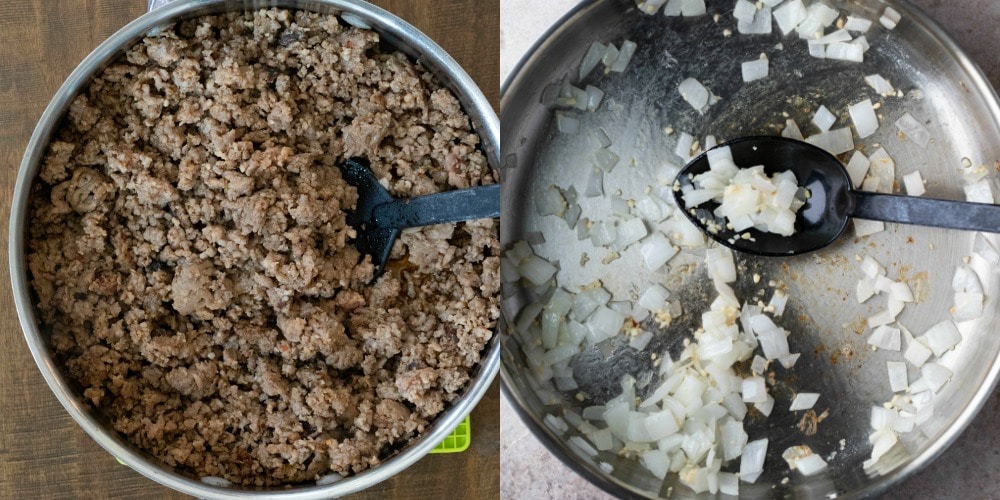 Cooked ground beef and onions in a silver skillet