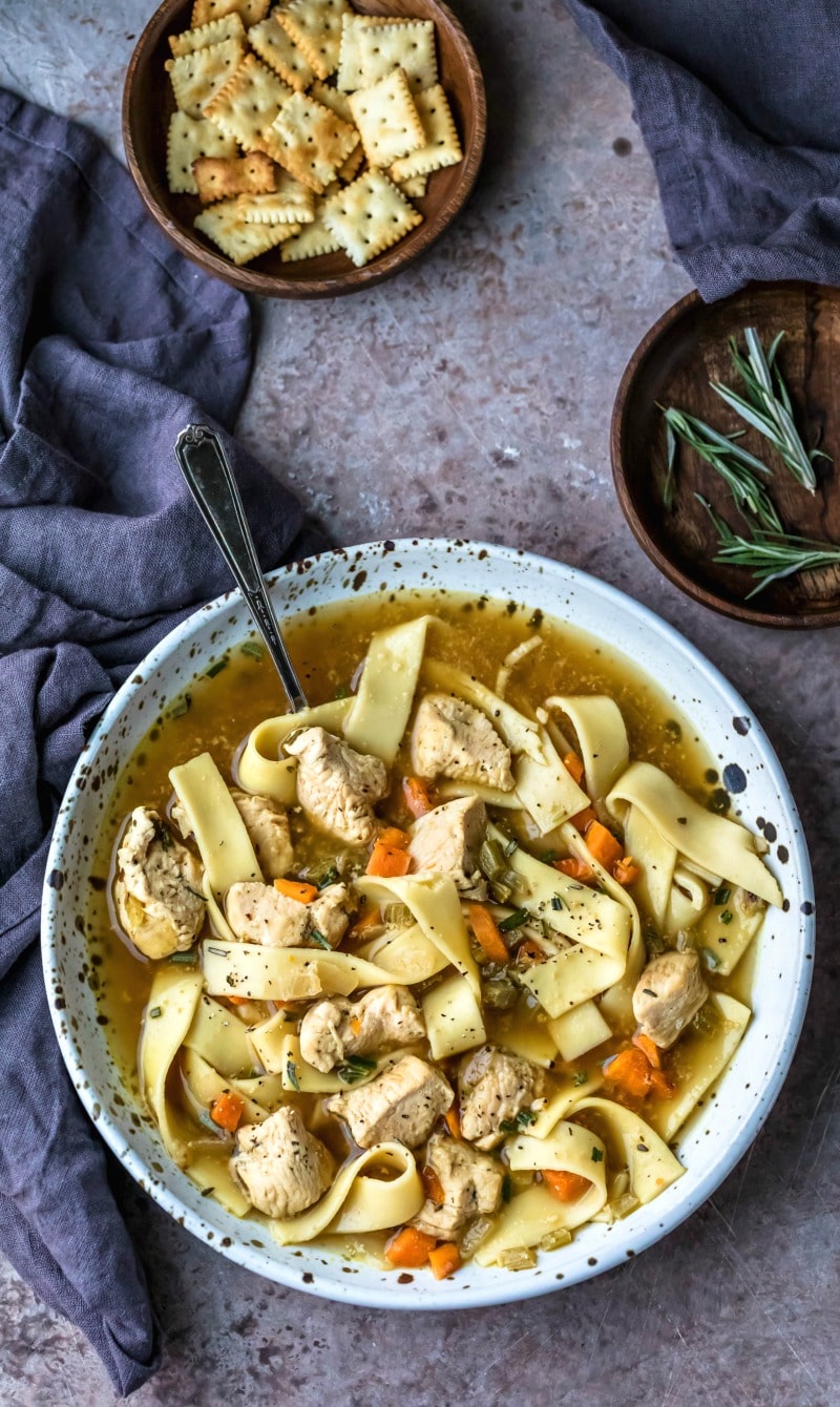 Speckled dish filled with homemade chicken noodle soup