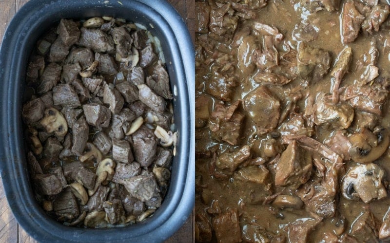 Cooked beef tips in a crockpot insert