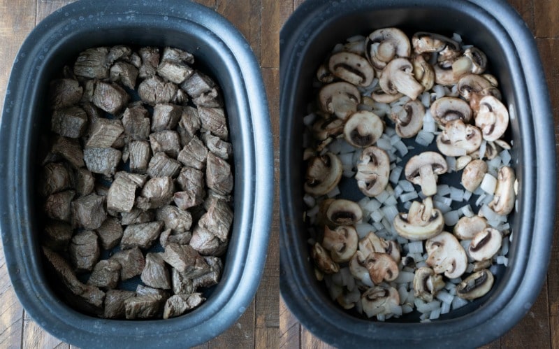 Cooked beef tips in a crockpot insert