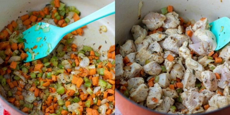 Diced vegetables and spices in a Dutch oven