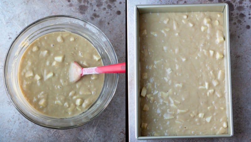 Cinnamon apple cake batter in a 9x13 pan