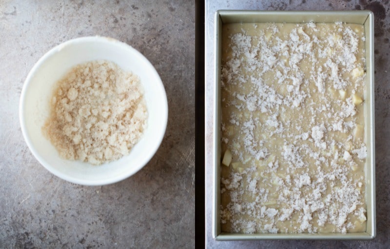 Cinnamon apple cake batter topped with cinnamon sugar