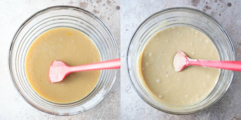 Cinnamon apple cake batter in a glass mixing bowl