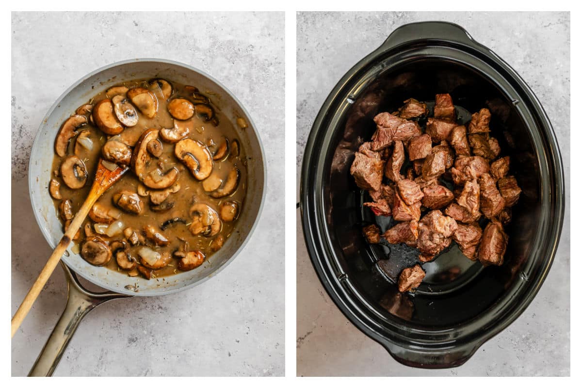 Mushrooms and onions in beef sauce in a skillet next to pieces of browned beef in a crock pot.