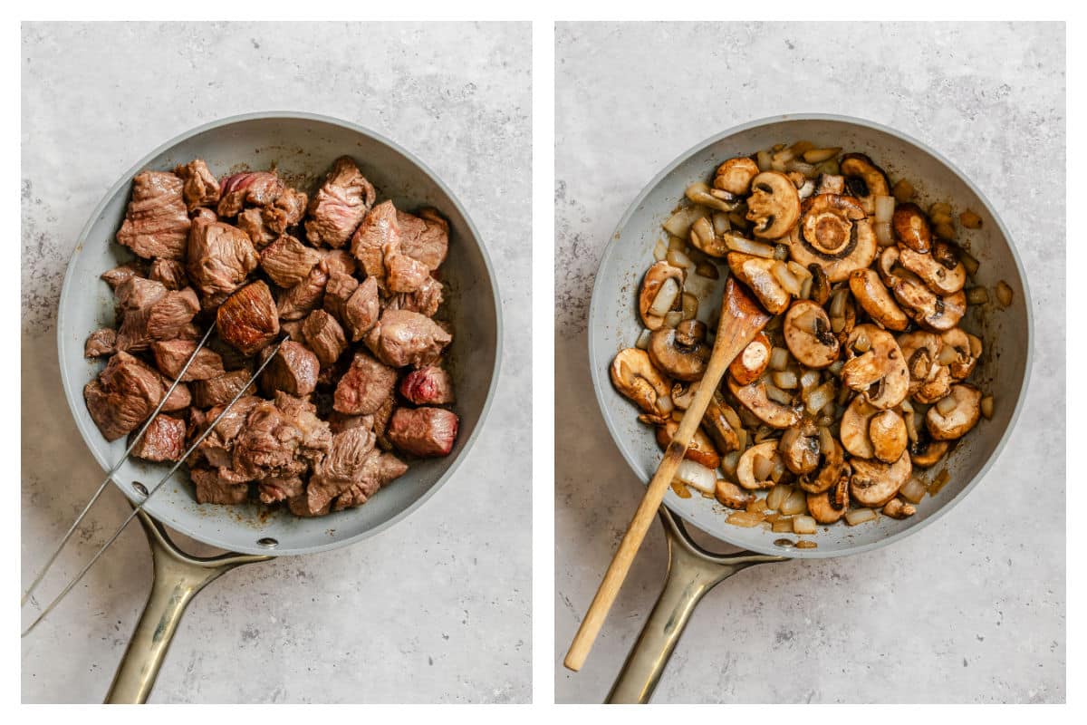 Pieces of beef browning in a skillet next to onions and mushrooms in the skillet.