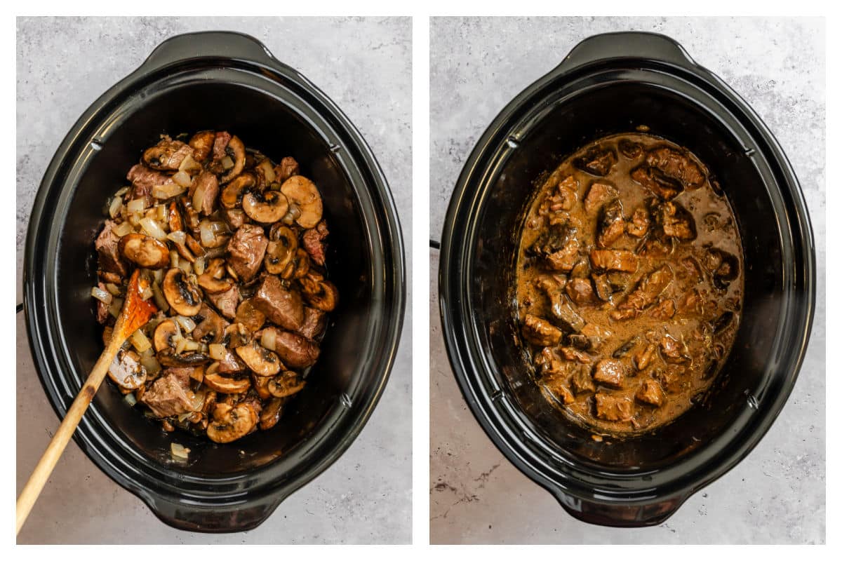 Onions and mushrooms in sauce poured over been in a crock pot next to cooked beef tips in a crock pot.
