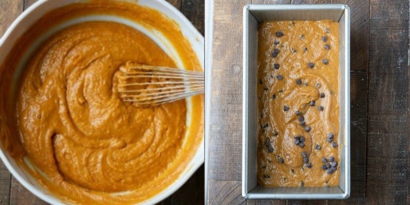 pumpkin chocolate chip bread batter in a white mixing bowl