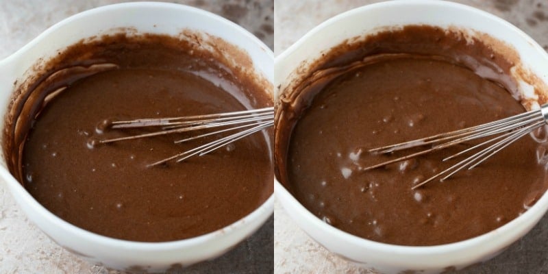 Slow cooker brownie batter in a white bowl