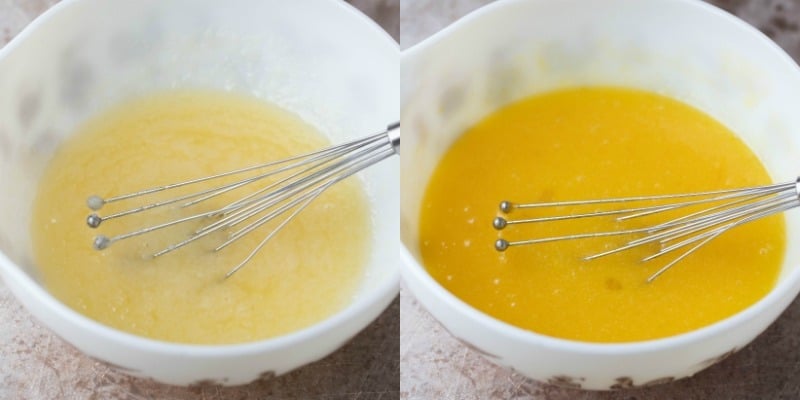 Butter and sugar in a white mixing bowl