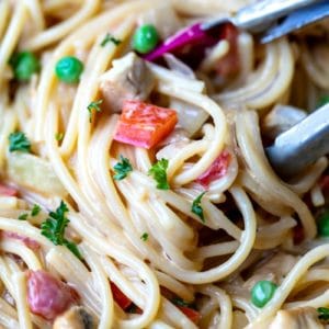 Tongs pulling up a scoop of chicken spaghetti