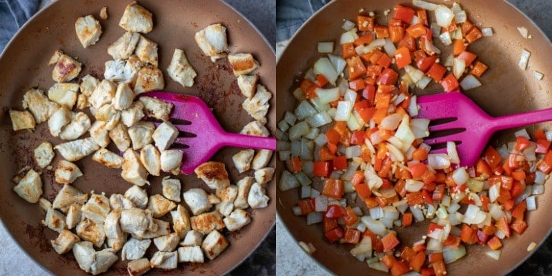 Chicken and vegetables cooking in a copper skillet