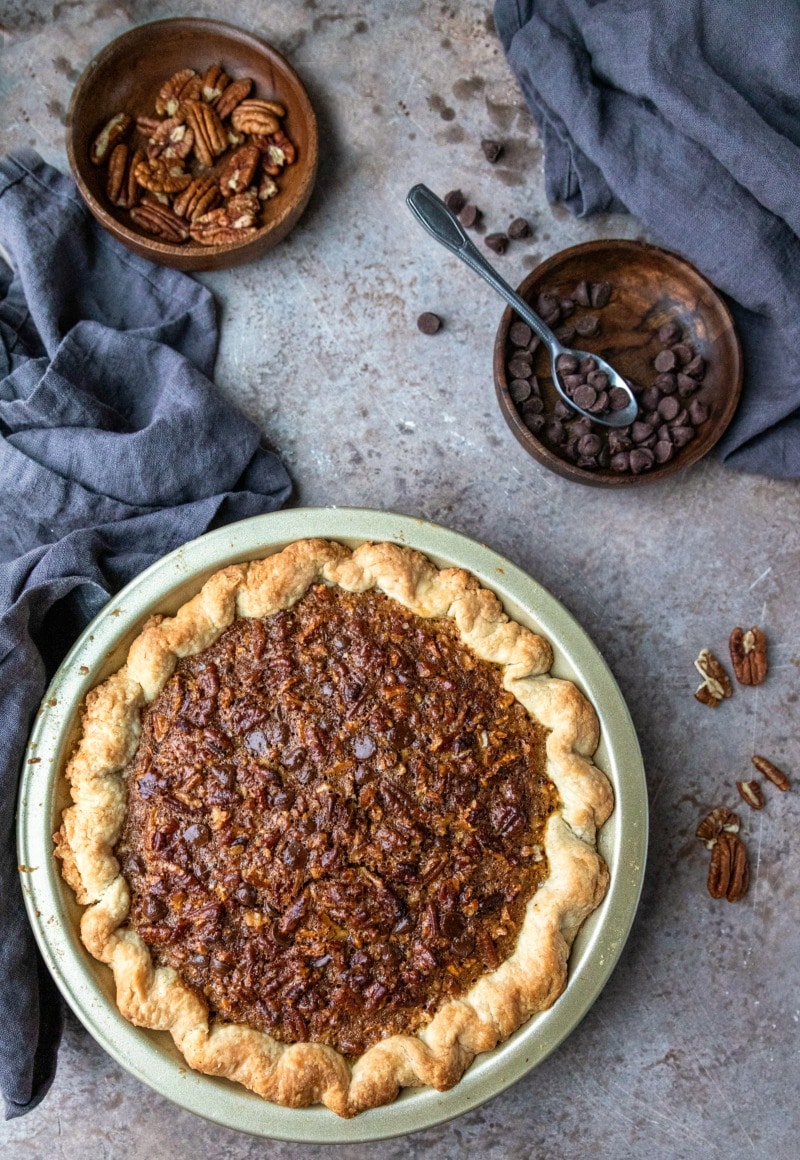 Chocolate Pecan Pie in a gold pie pan