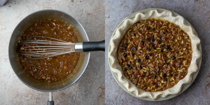 Unbaked chocolate pecan pie on a gray background