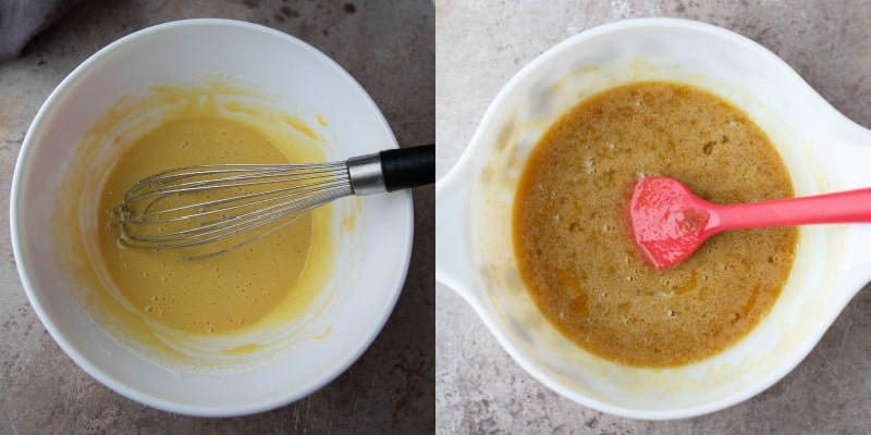 Egg melted butter and sugar in a mixing bowl