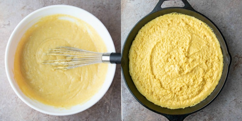 cornbread batter in a white mixing bowl