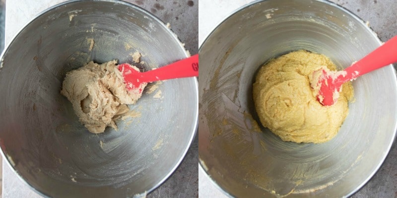 Creamed butter and sugar in a silver mixing bowl