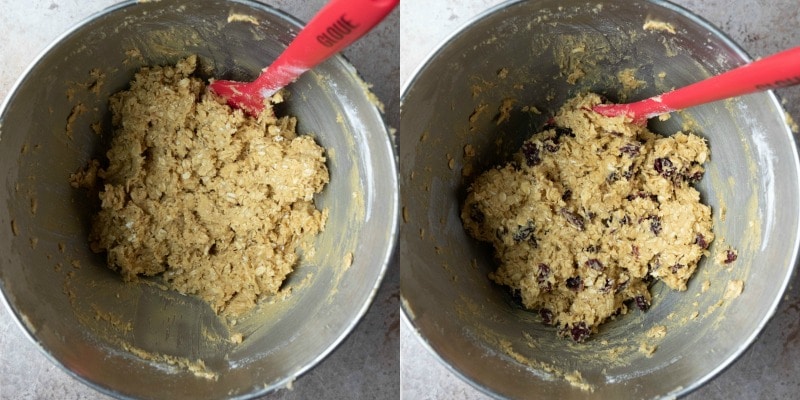 Cranberry oatmeal cookie dough in a silver mixing bowl
