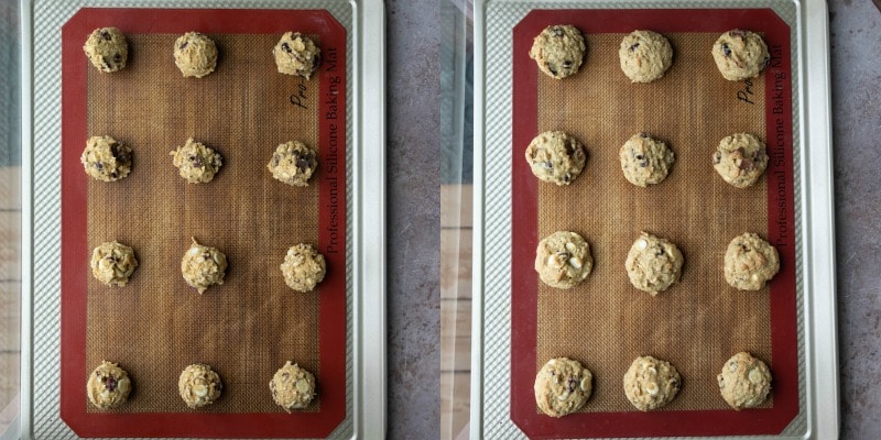 Cranberry oatmeal cookie dough on a baking sheet