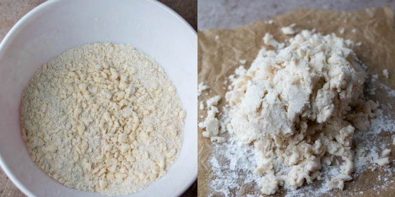 Shaggy pie dough on a piece of brown parchment paper