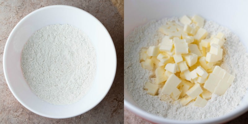 Flour sugar and salt in a white mixing bowl