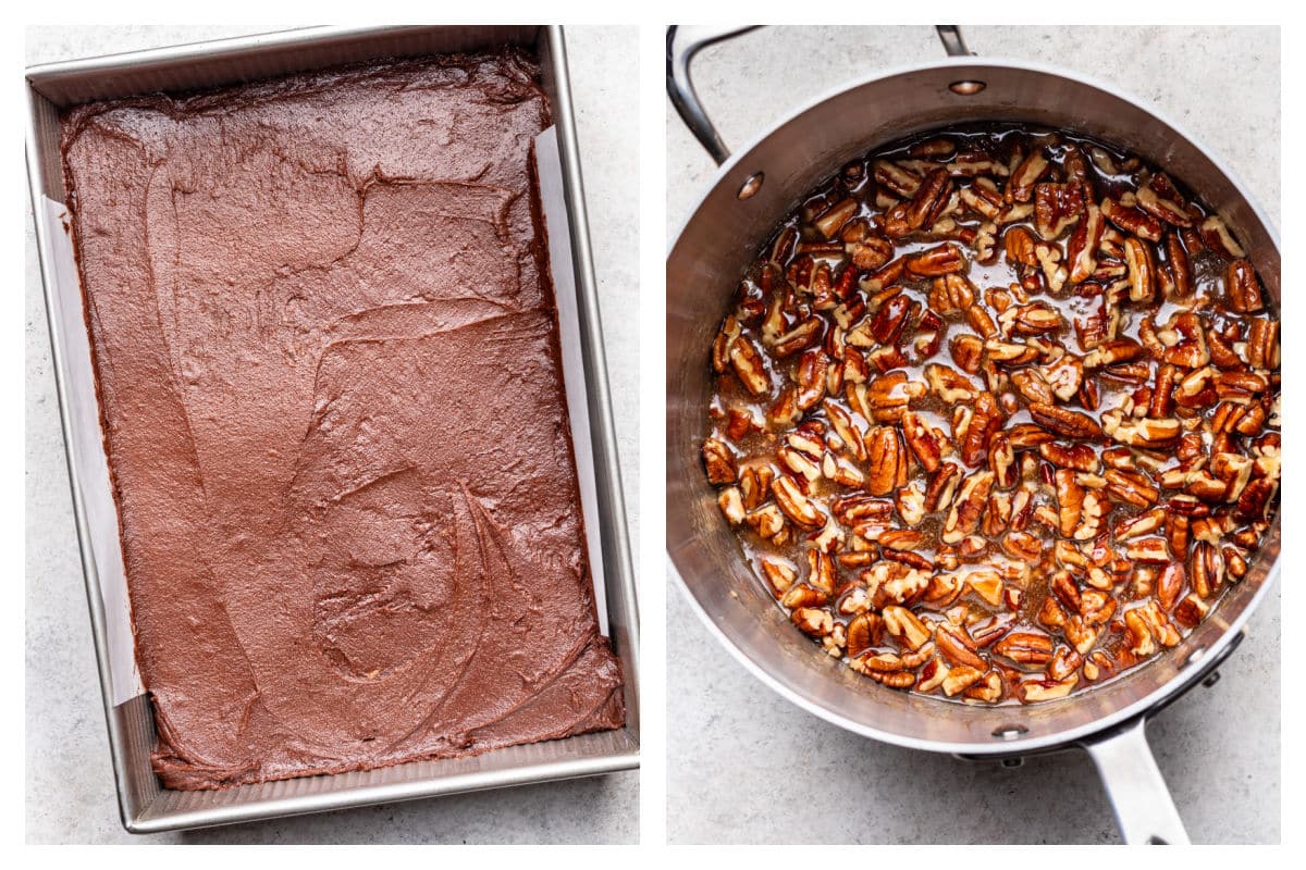 Pecan pie brownie batter in a pan next to the topping in a skillet.