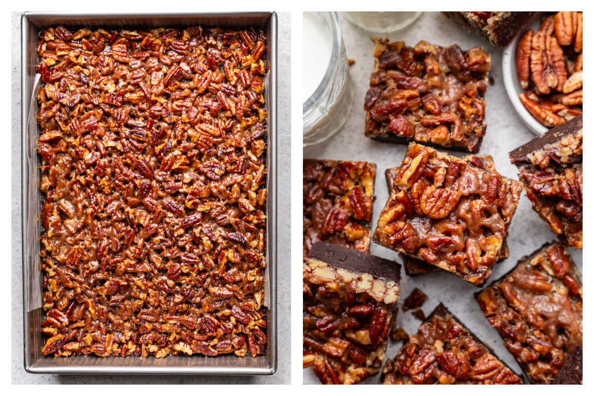 Baked pecan pie brownies in a pan next to cut pecan pie brownies.