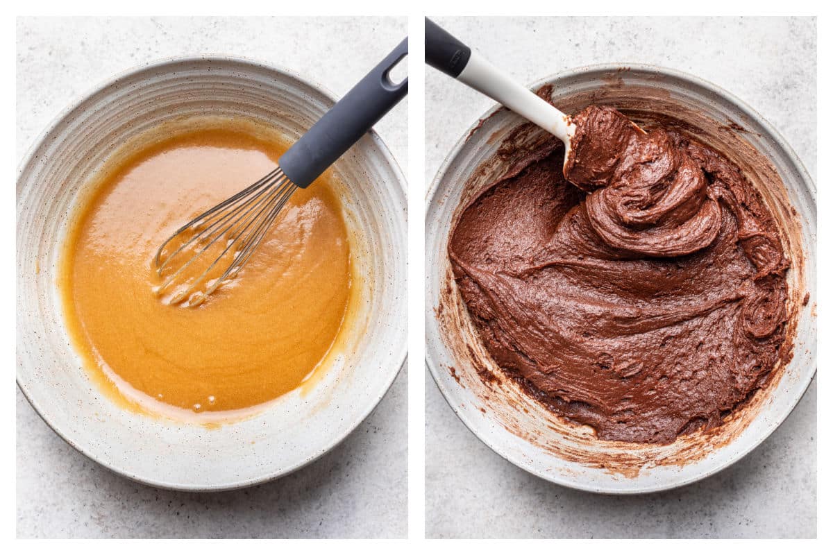 Melted butter, sugars, and vanilla in a mixing bowl next to brownie batter in the mixing bowl.