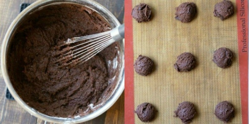 Chocolate mint cookie dough in a silver saucepan