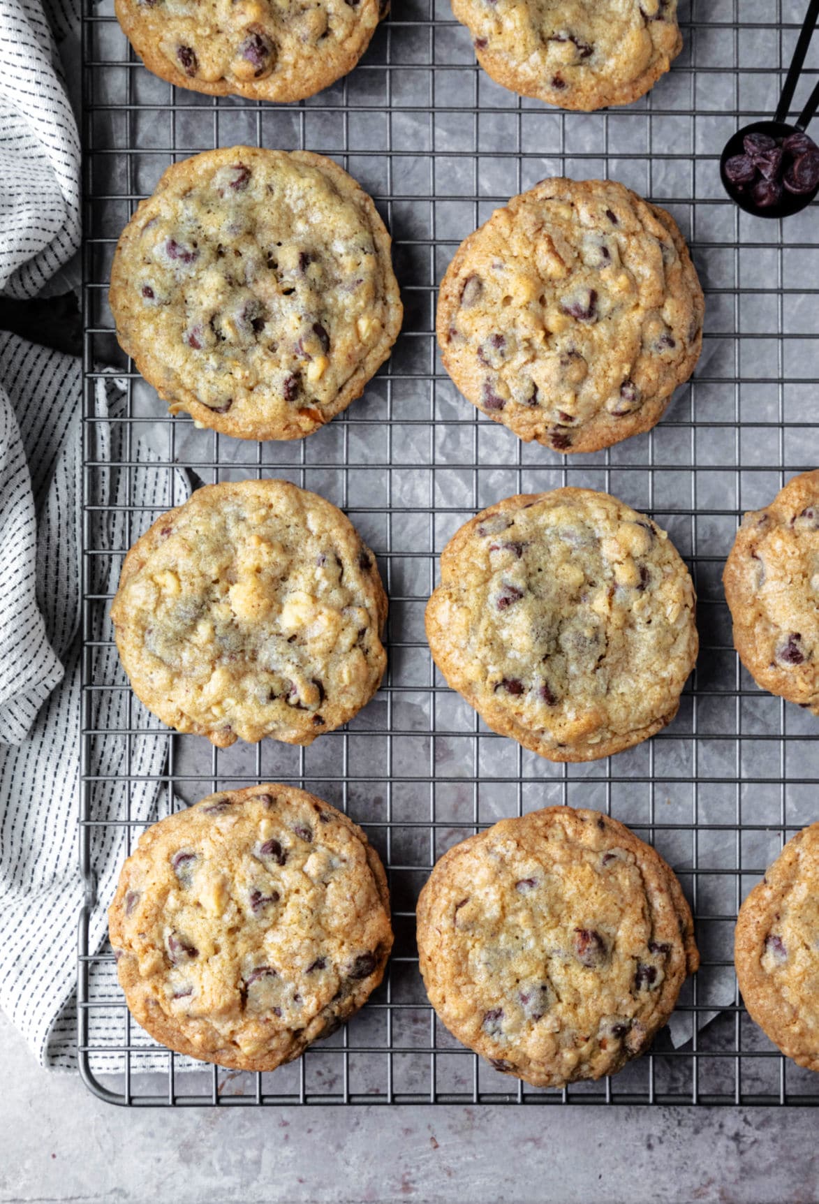 doubletree chocolate chip cookies on a wire cooling rack