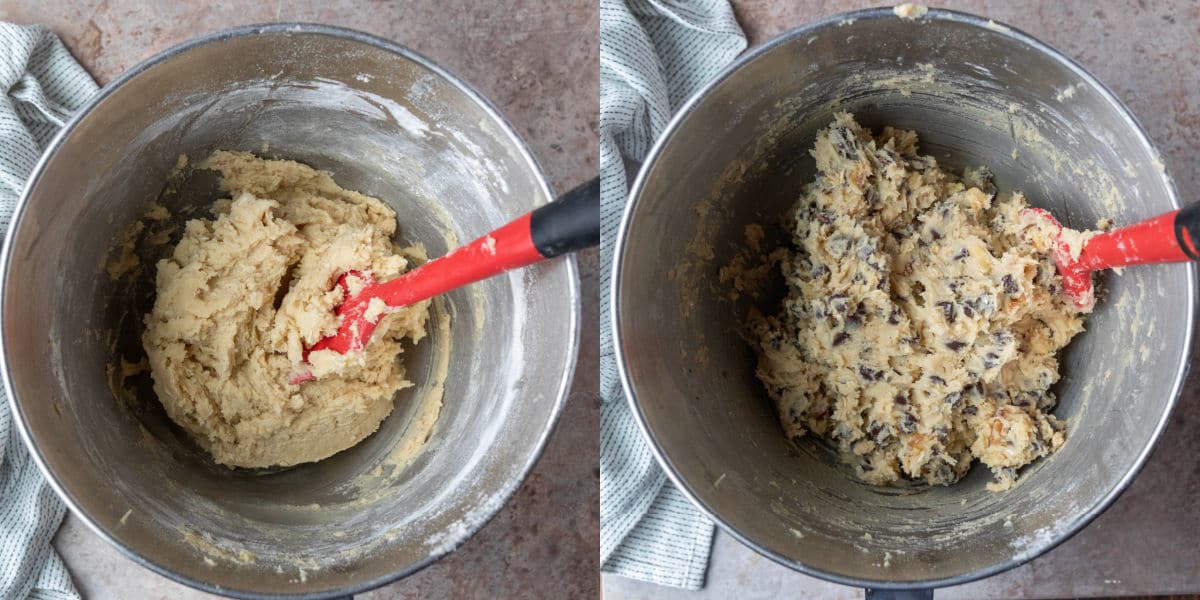 doubletree chocolate chip cookie dough in a silver mixing bowl