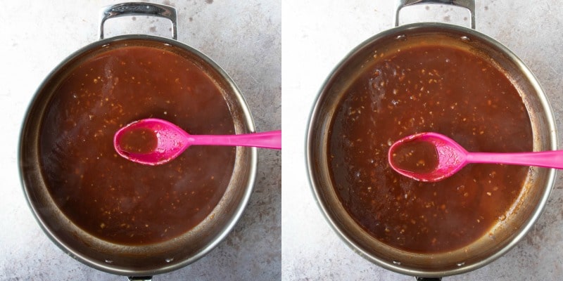 Reduced orange chicken sauce in a silver saucepan
