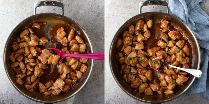 Cooked orange chicken in sauce in a silver saucepan