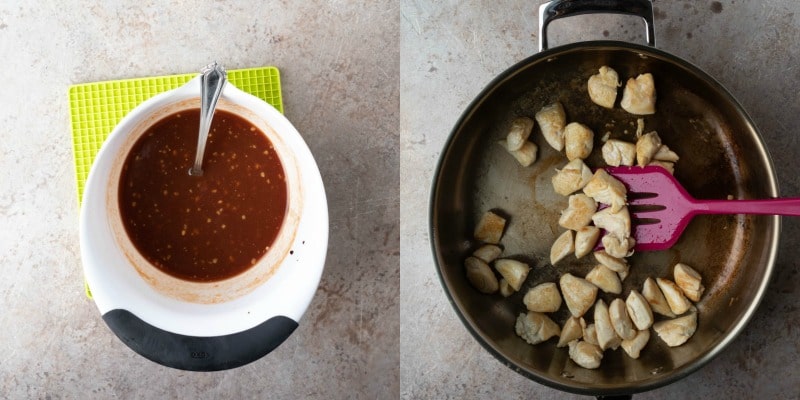 Orange chicken sauce in a white mixing bowl