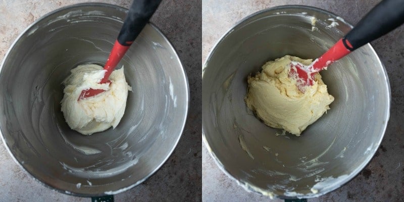 Creamed butter and sugar in a silver mixing bowl