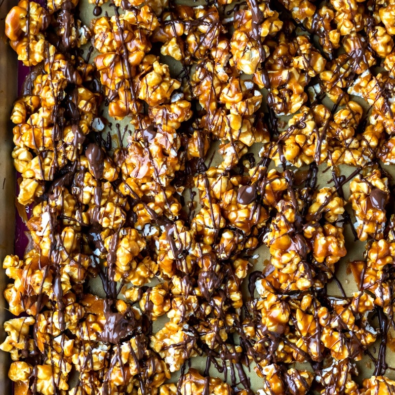 Caramel corn drizzled with milk chocolate