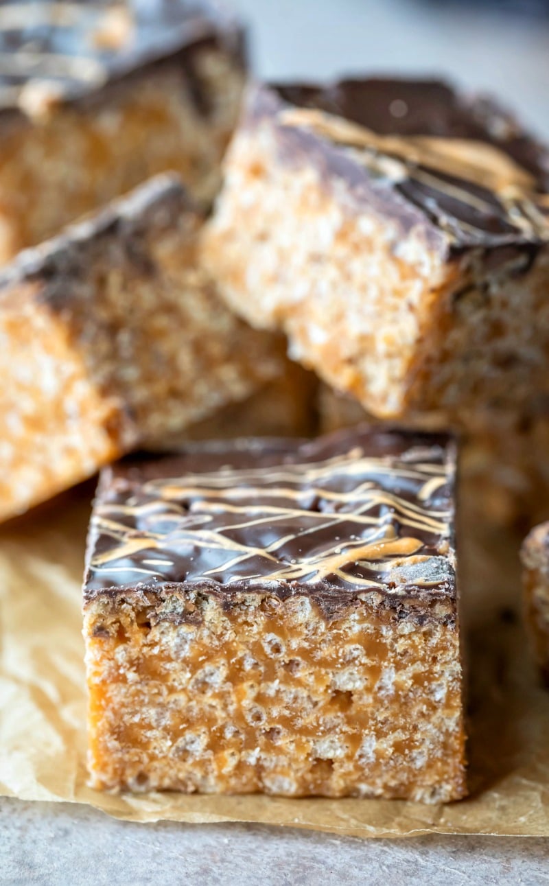 Butterscotch rice krispie treats stacked on top of each other