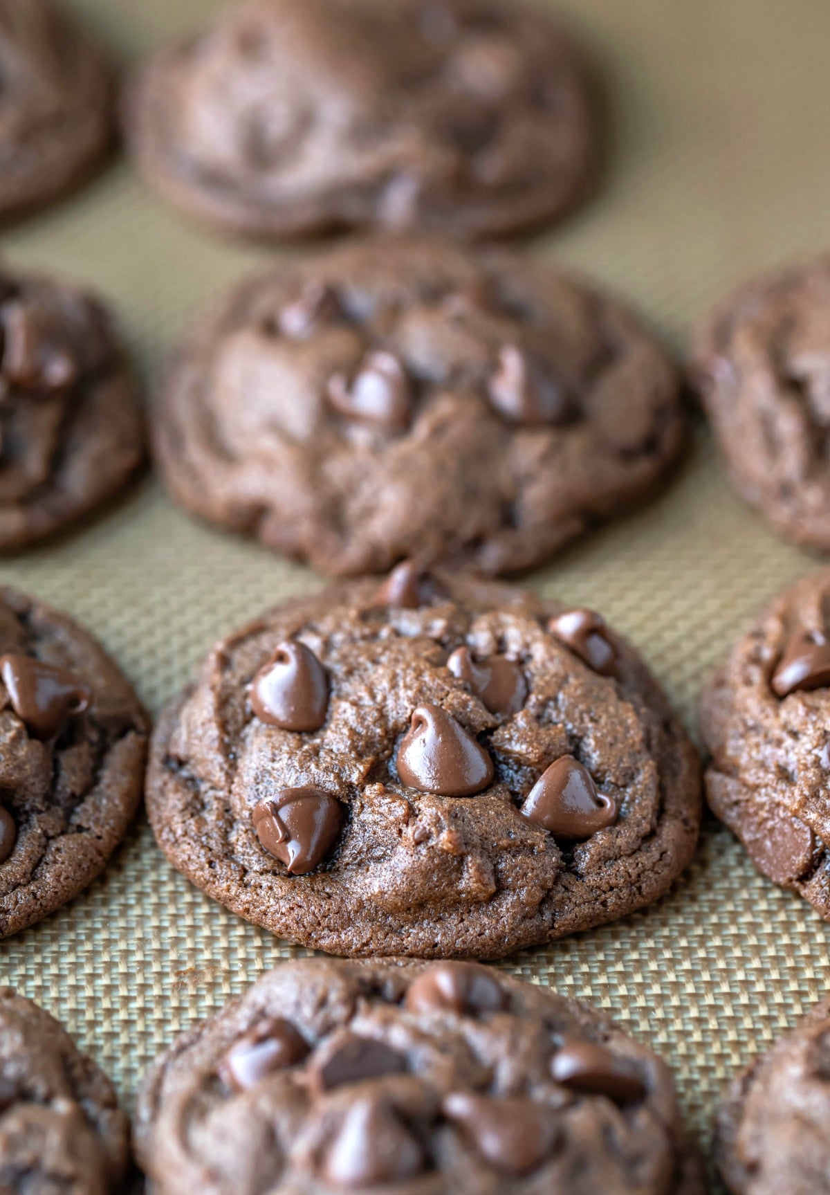 Easy chocolate chocolate chip cookie recipe Row of easy chocolate chocolate chip cookies on a silicone baking mat